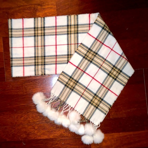 Preston & York Accessories - PRESTON & YORK Plaid Rabbit Fur Pom scarf